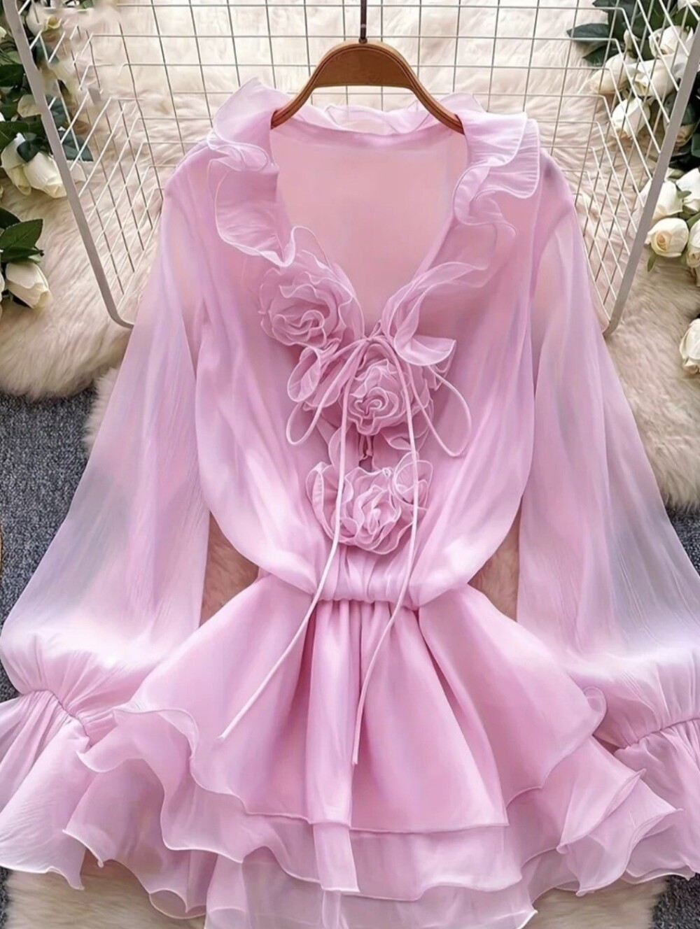 Women'S New Atmospheric V-Neck 3D Floral Tie-Waist Ruffled Chiffon Dress